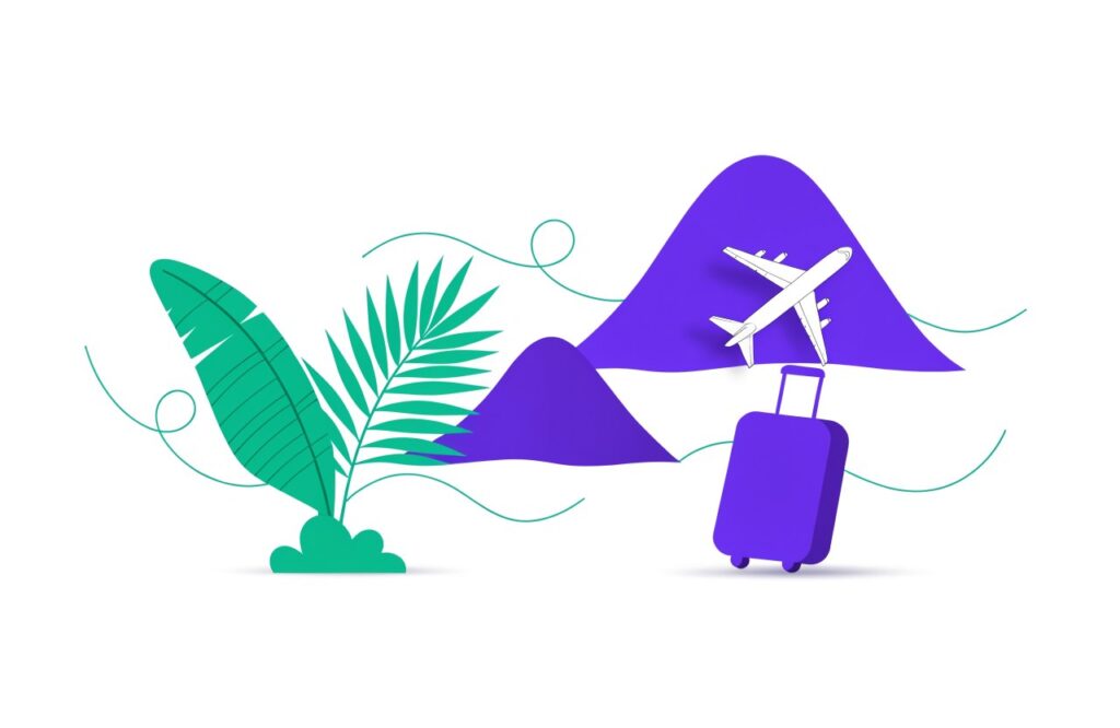 Illustration: Tropenblätter, Berge und Koffer mit Flugzeug