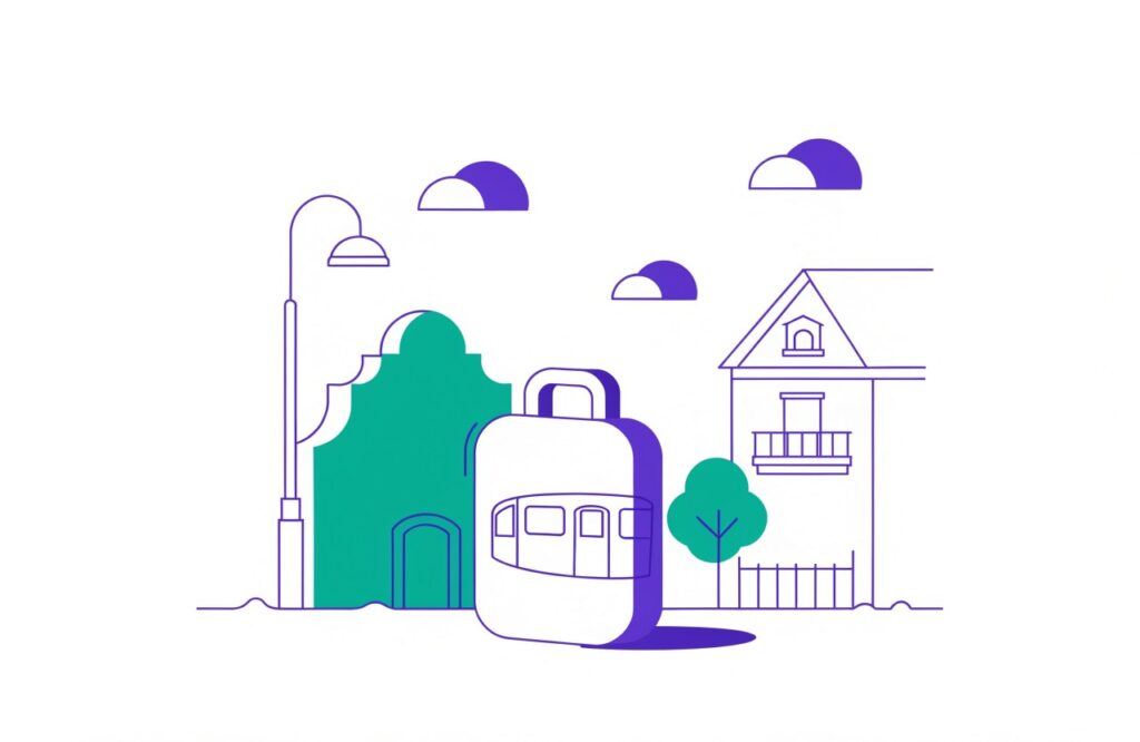Illustration: Koffer, Reisepass und Straßenbahn in einer Altstadtgasse