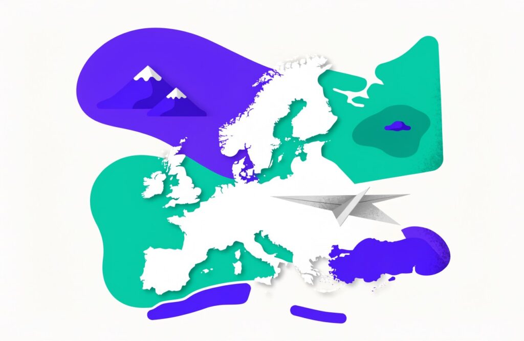 Illustration: Europa mit Bergen, See und Papierflieger