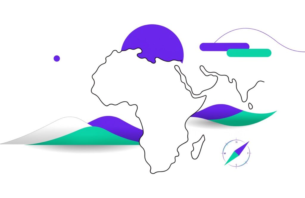 Illustration: Karte von Afrika und Nahost mit Sonne, Dünen und Kompass