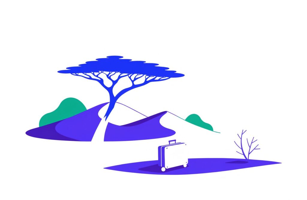 Illustration: Savanne mit Akazie, Dünen und Koffer
