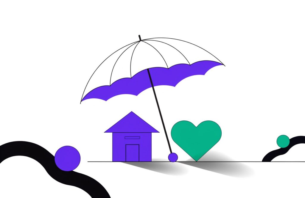 Illustration: Regenschirm über Haus und Herz als Familienschutz