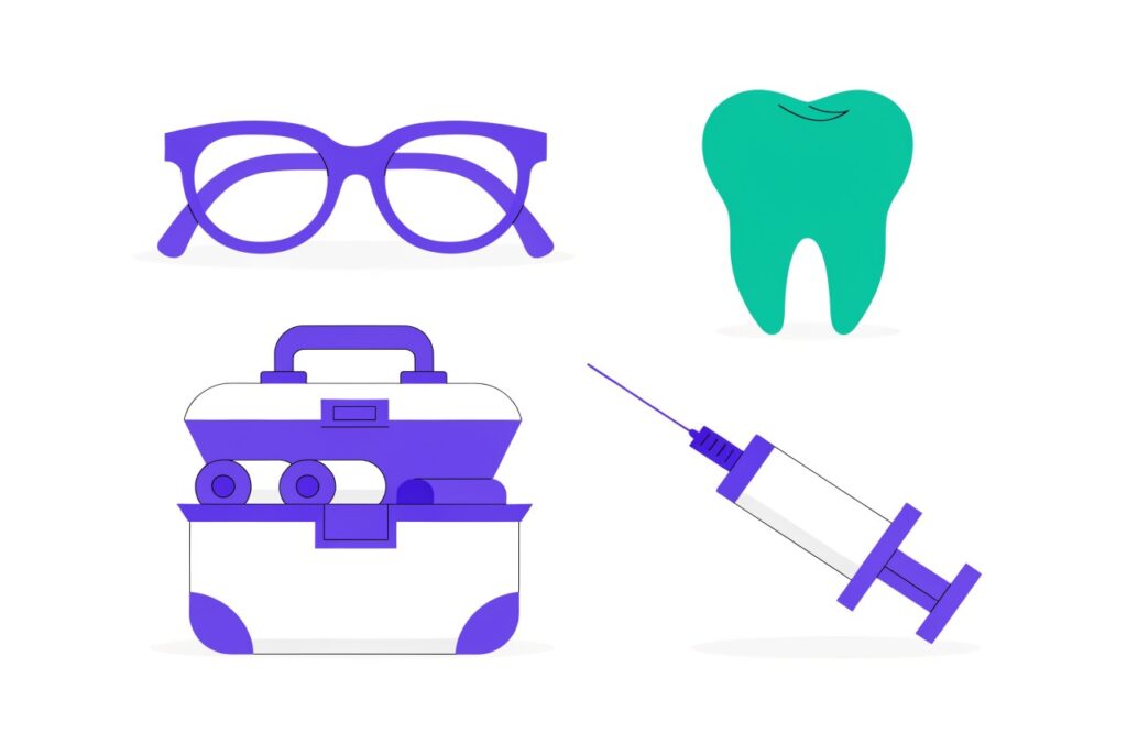 Illustration: Erste-Hilfe-Kasten, Brille, Zahn und Impfspritze