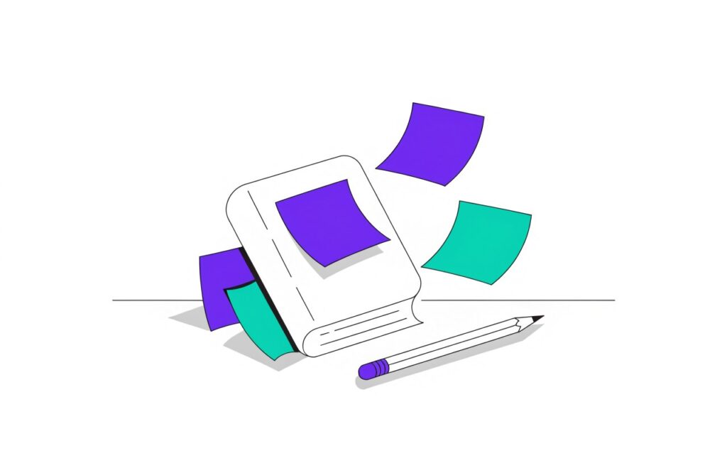 Illustration: Wörterbuch mit Haftnotizen und Bleistift