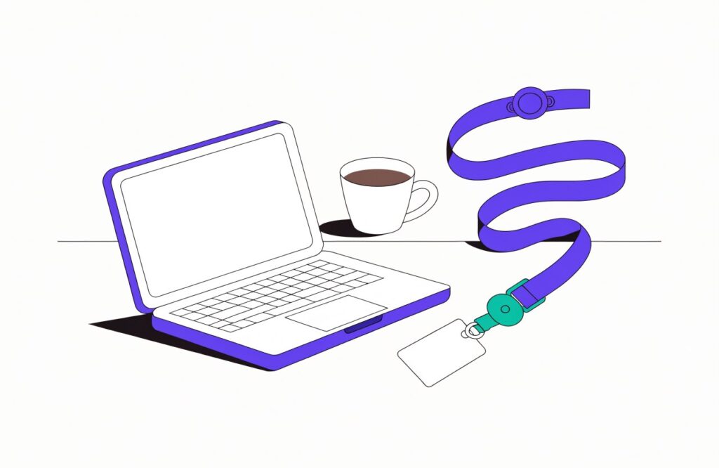 Illustration: Laptop, Kaffeetasse und Umhängeband auf einem Schreibtisch