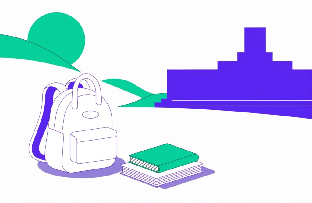 Illustration: Rucksack, Hefte und Campusgebäude bei Sonnenaufgang