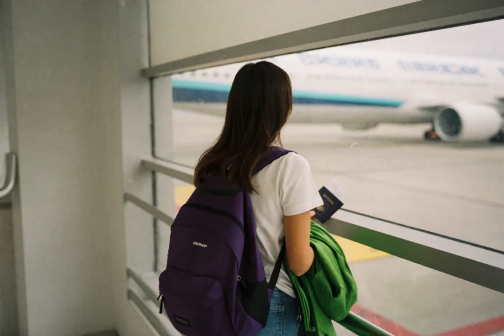 Studentin mit Rucksack und Reisepass am Fenster einer Flughafenhalle