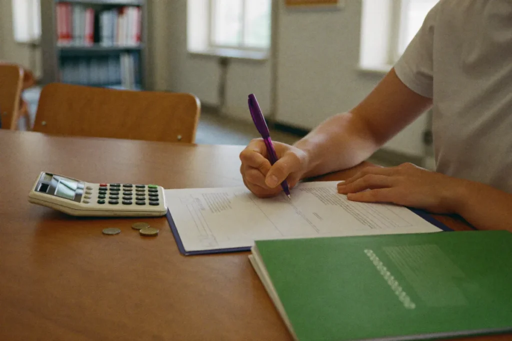 Studentin füllt in der Bibliothek einen Förderantrag aus