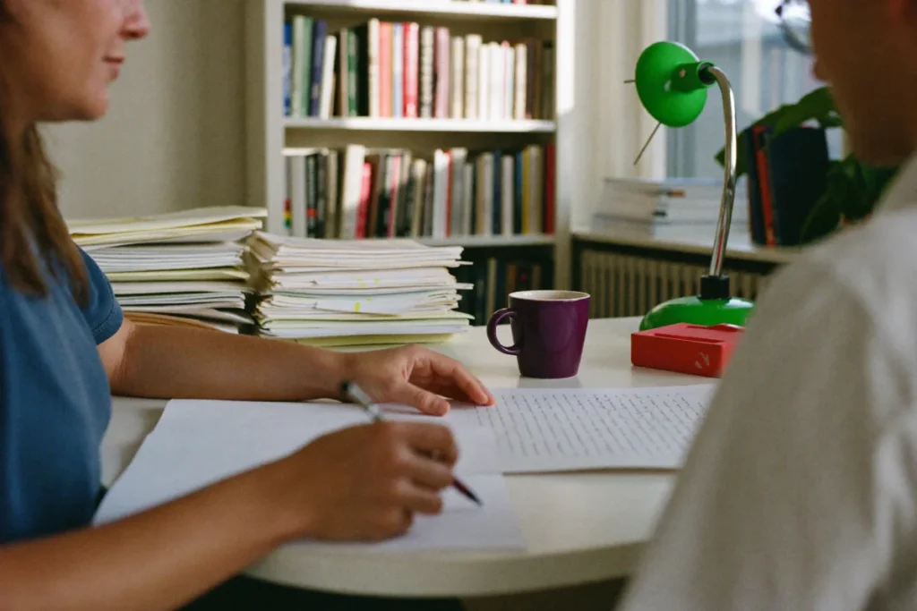 Doktorandin arbeitet im Büro an ihrer Dissertation