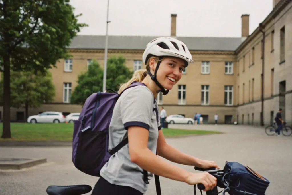 Studentin mit Fahrradhelm vor einem Universitätsgebäude